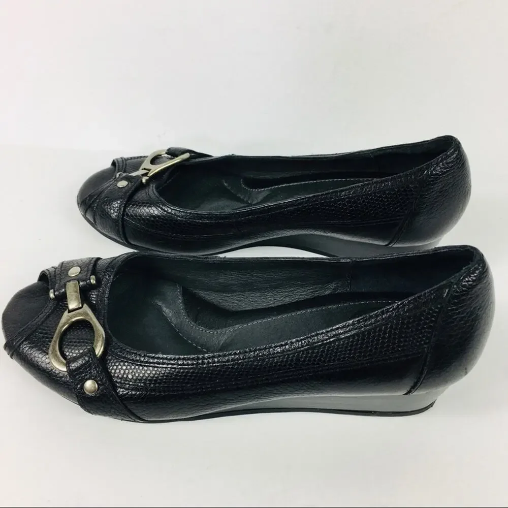 Nurture open toe wedge heel black leather size 6.5